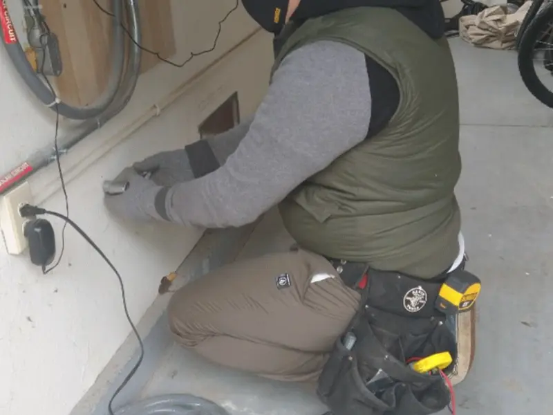 Electrician performing outlet wiring in a Sayre garage